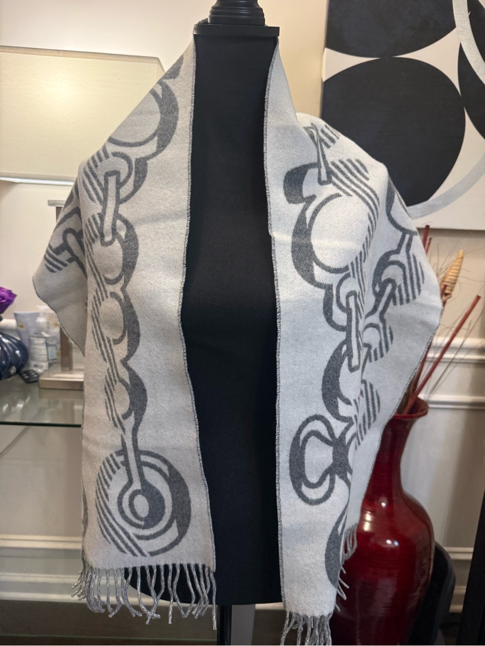 Hermes Gray and Dark Gray Chain Motif Silk-Blend Scarf Wrap